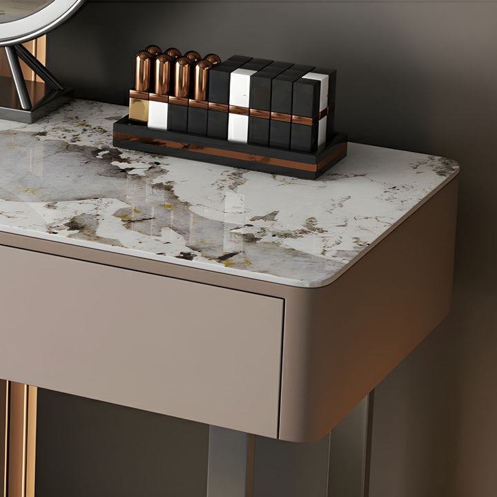 Grey Makeup Vanity with Stone Top and Stool Set – Modern Design Front View