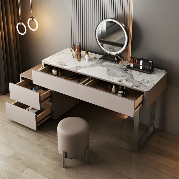 Grey Makeup Vanity with Stone Top and Stool Set – Modern Design Top View