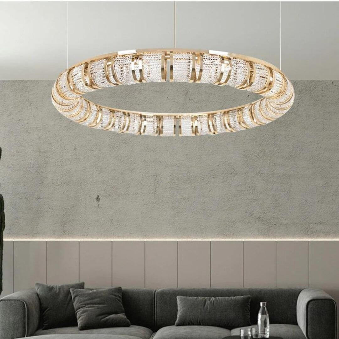 Front View of Halo Chandelier Light in Living Room – Stylish Modern Ceiling Lighting Fixture