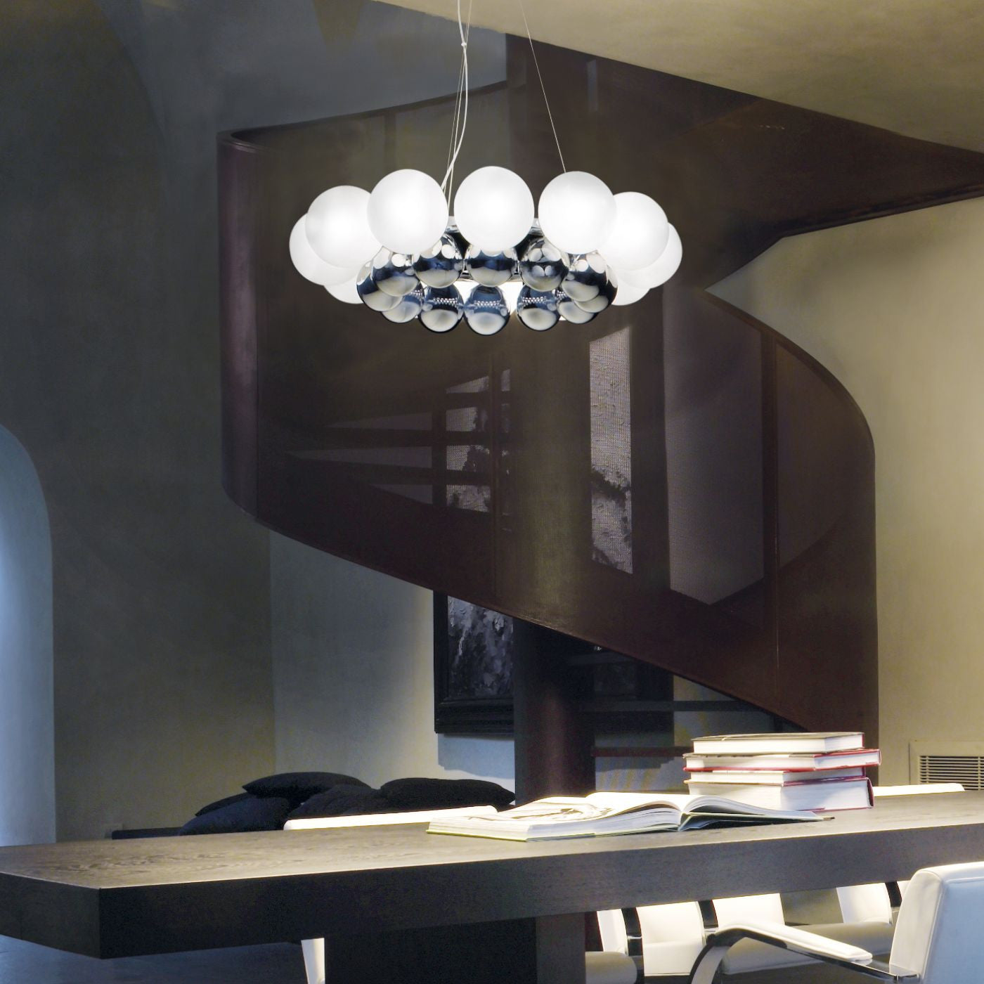 Victoria Pearl LED ceiling light, featuring a sleek circular design with pearl-like glass globes and a polished chrome finish, ideal for modern interiors