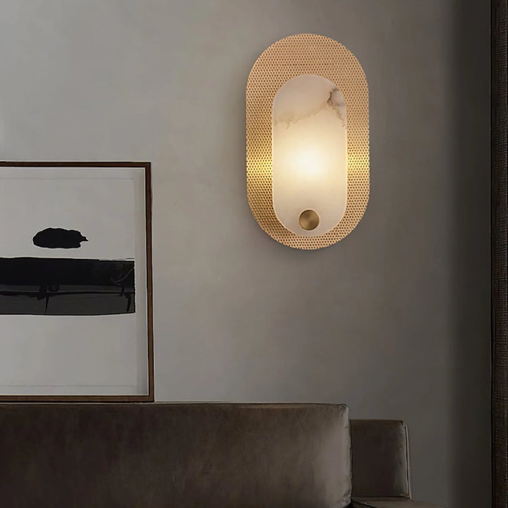 Harlan modern alabaster wall light front view highlighting sleek and elegant contemporary design