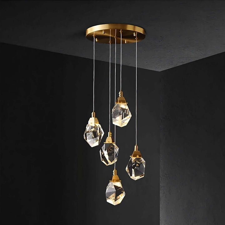 Close-up view of Harmony indoor crystal chandelier with 5 lamps highlighting sparkling crystals and details
