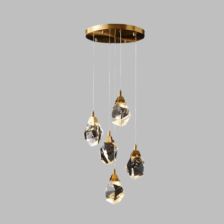 Close-up view of Harmony indoor crystal chandelier with 5 lamps highlighting sparkling crystals and details