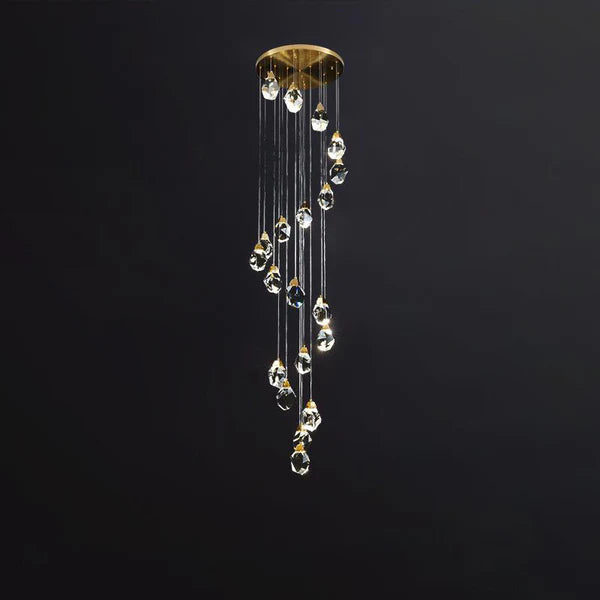 Hanging view of the Harmony Radiance K9 crystal pendant light, showcasing its modern design