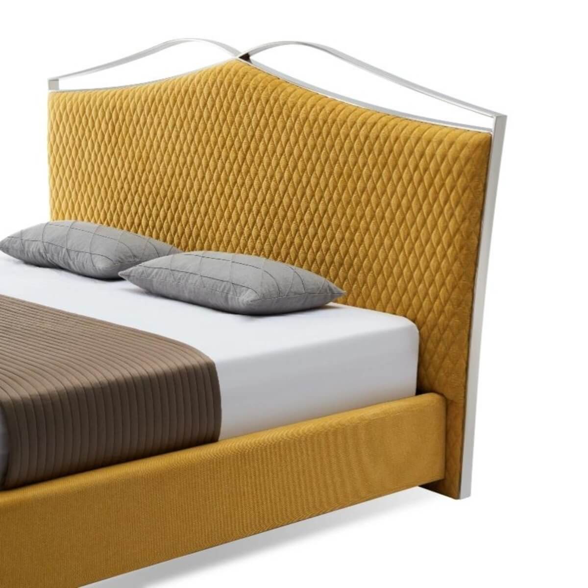 Side view of Harmony Retreat stylish cotton linen bed showcasing breathable fabric and sleek frame