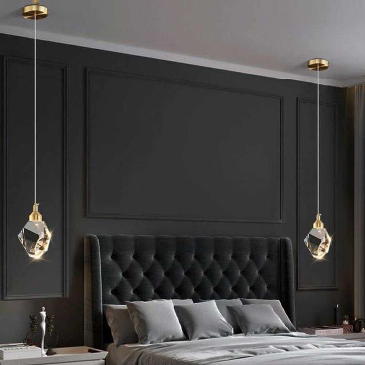 Harmony single-piece pendant light installed beside a bed, providing soft, warm lighting ideal for a cozy bedroom ambiance