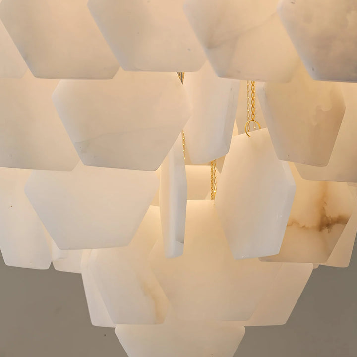 Hexa alabaster cascade chandelier detail view of marble, elegant modern hanging ceiling light