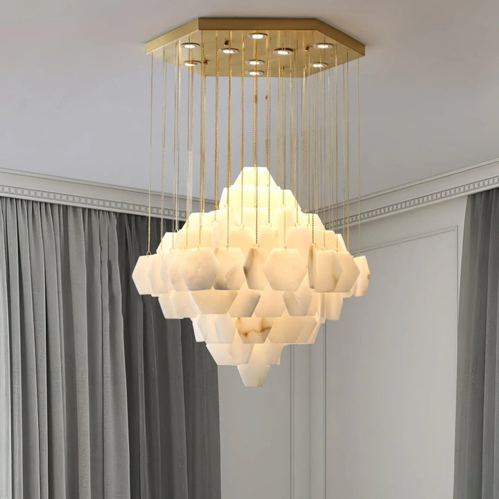 Hexa alabaster cascade chandelier hanging front view, modern stylish ceiling light for interiors