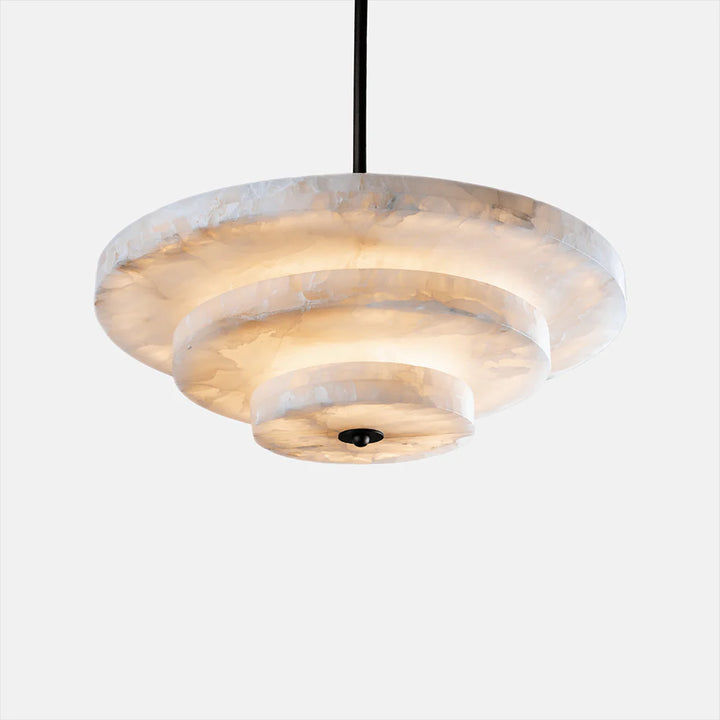 Ice Queen luxury alabaster chandelier front view illuminated, showcasing sparkling crystals and elegant design