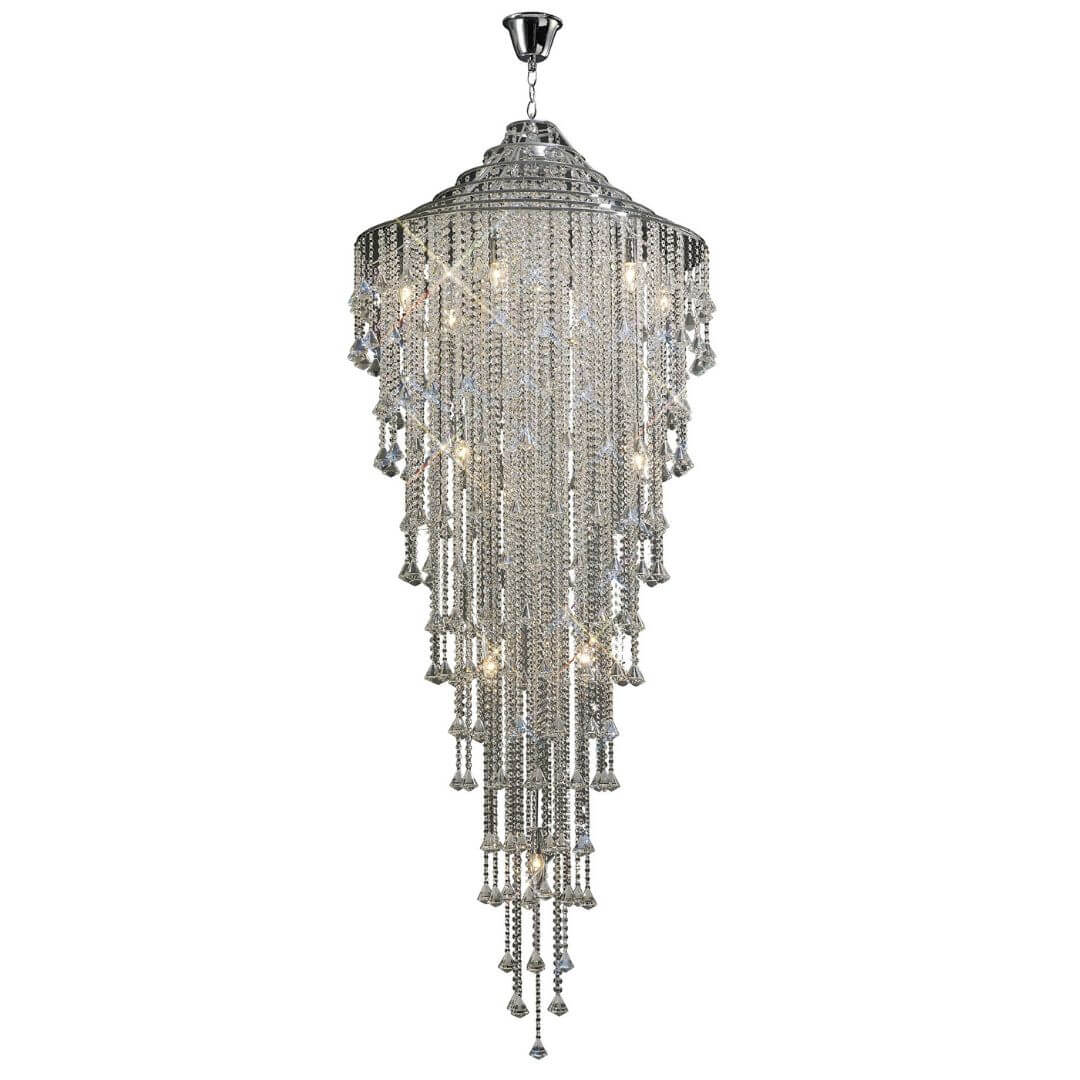 Front view of Illusion staircase crystal chandelier hanging, featuring sparkling crystals and modern elegance
