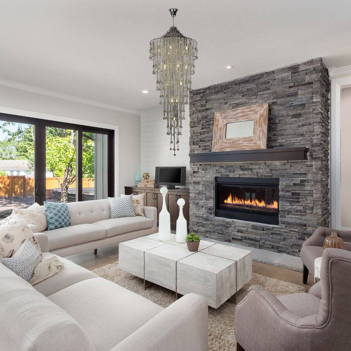 Illusion staircase crystal chandelier in living room, adding luxury and stunning visual appeal to the space