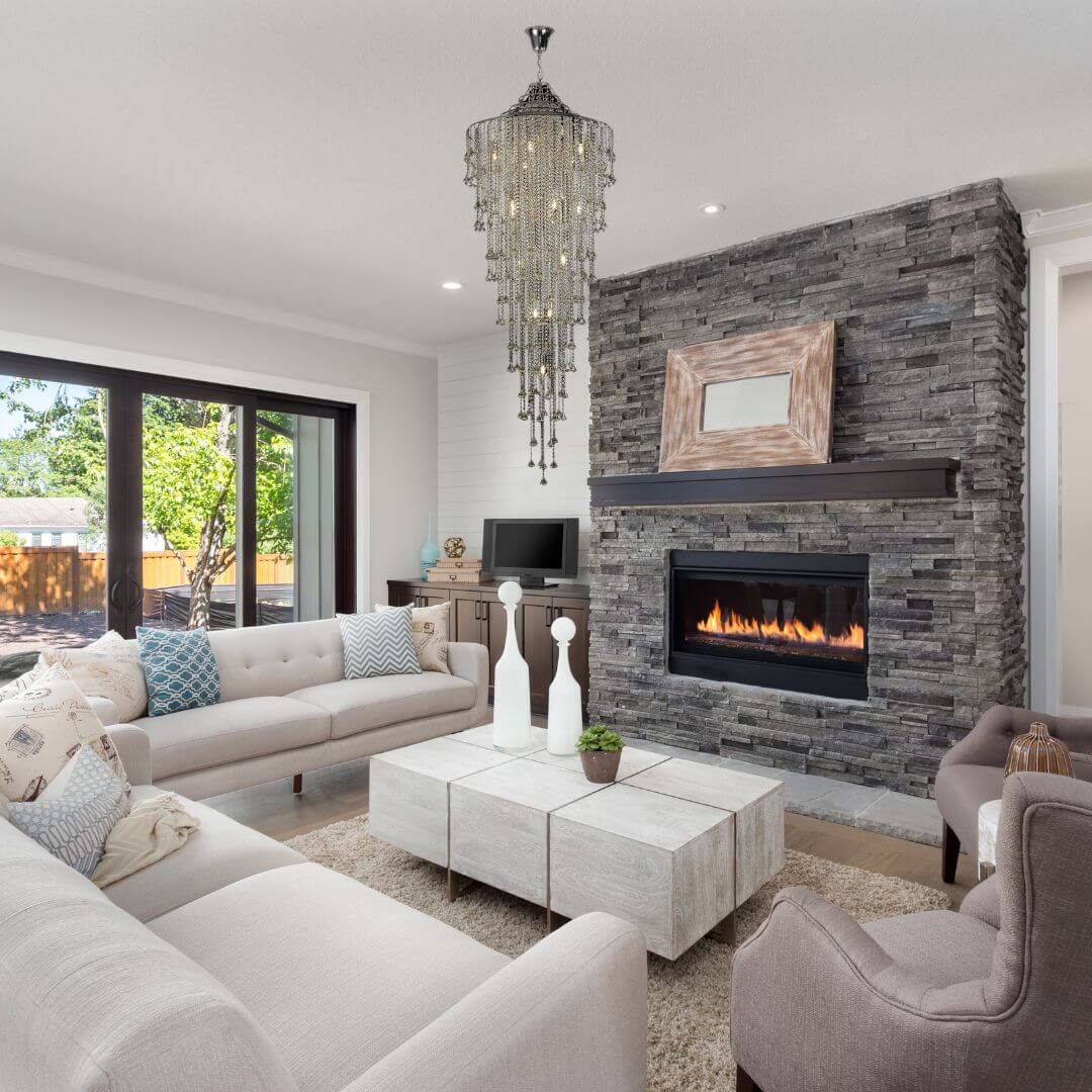 Illusion staircase crystal chandelier in living room, adding luxury and stunning visual appeal to the space