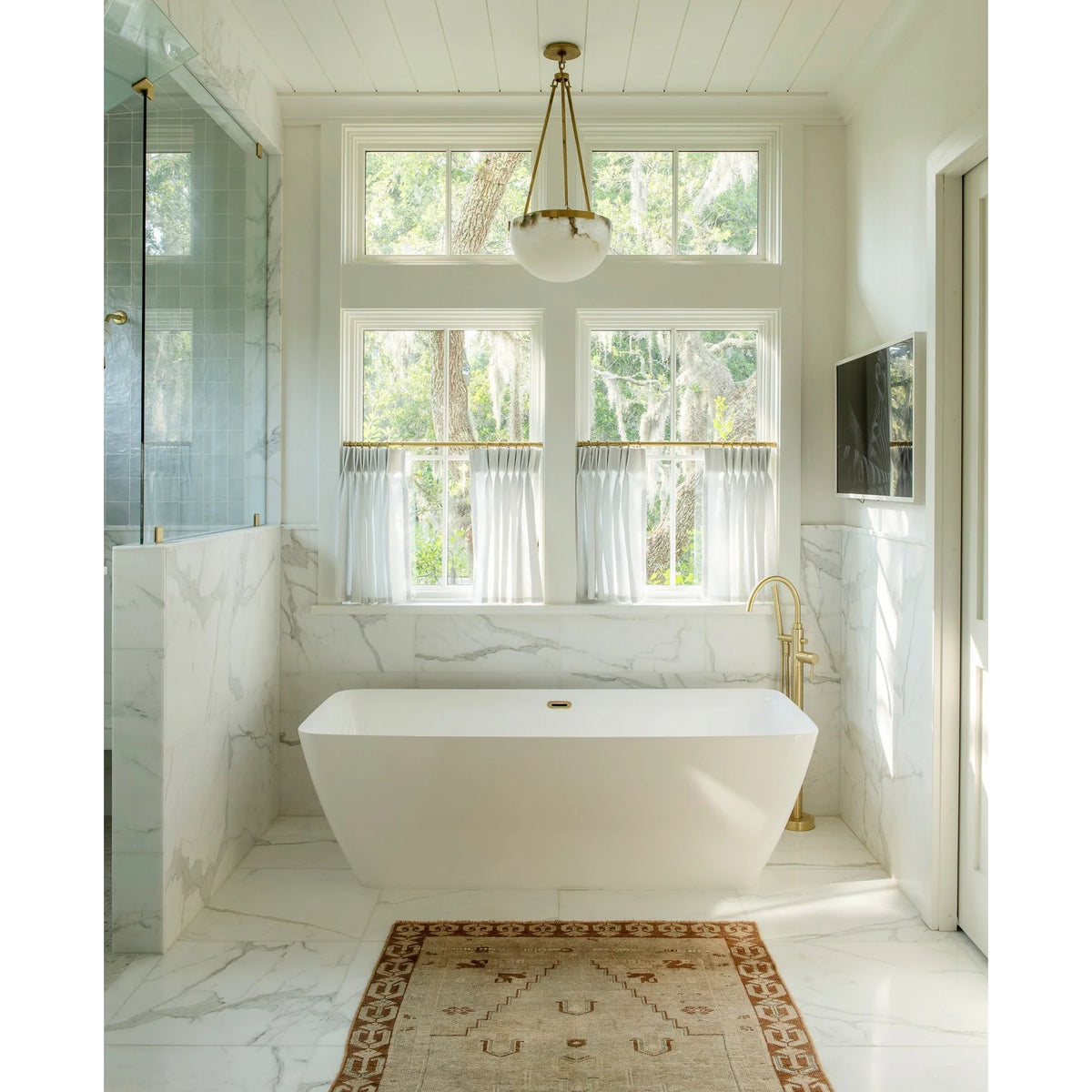 Istar alabaster chandelier hanging view in bathroom, elegant marble design for modern interior lighting