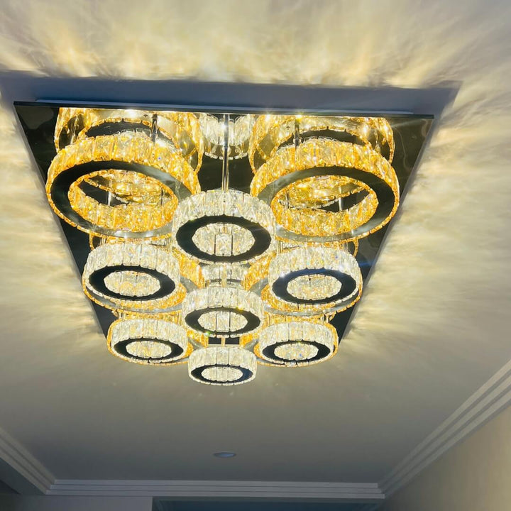 Bottom view of Jennifer large LED ceiling light installed in modern living room interior