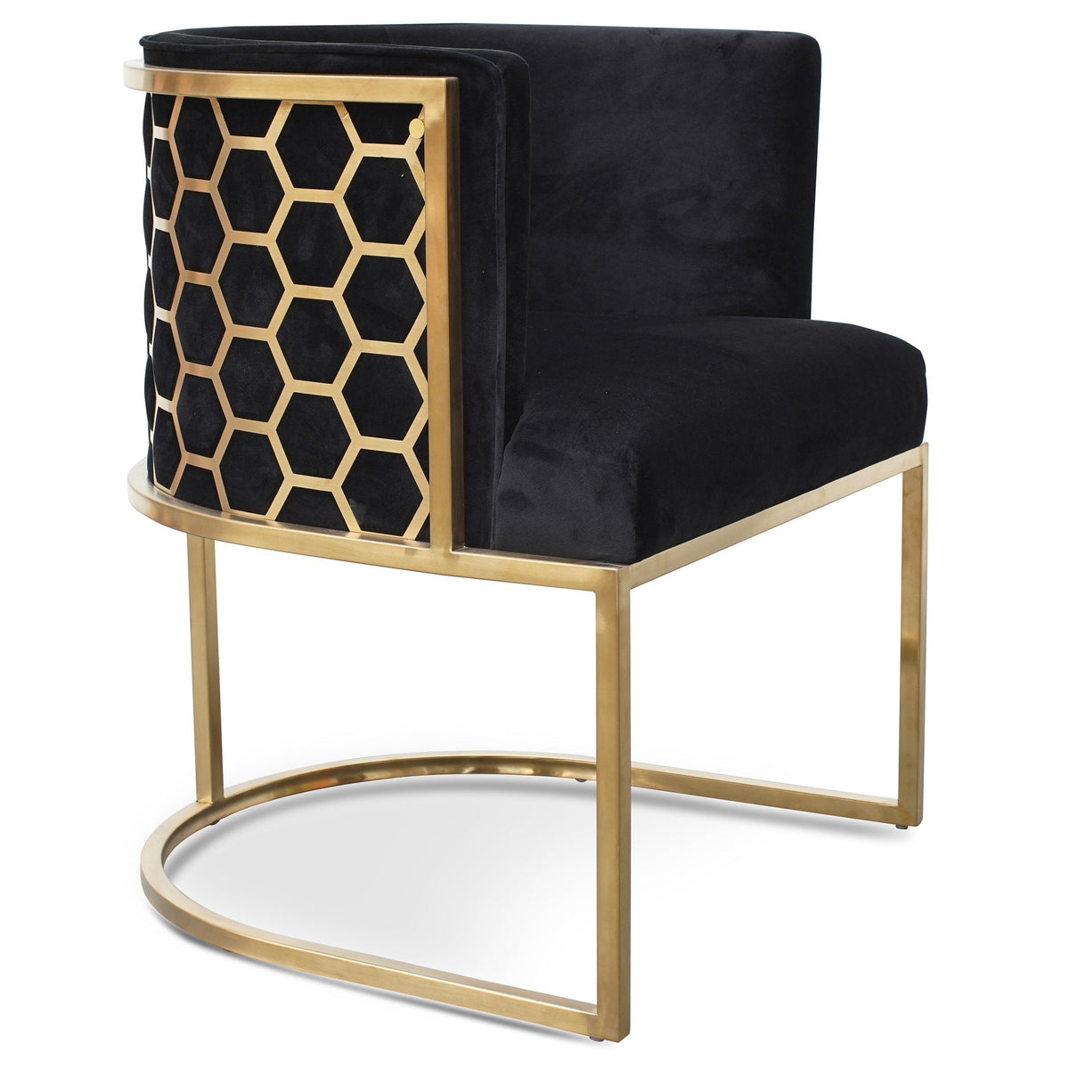 Side view of Kate lounge chair with black velvet seat and brushed gold armrests – stylish and elegant design