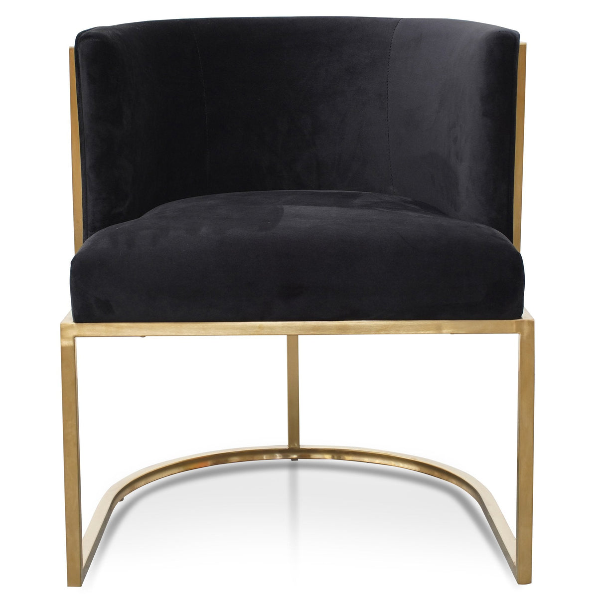 Kate lounge chair in black velvet seat with brushed gold armrests and blue steel sofa core – elegant interior design.