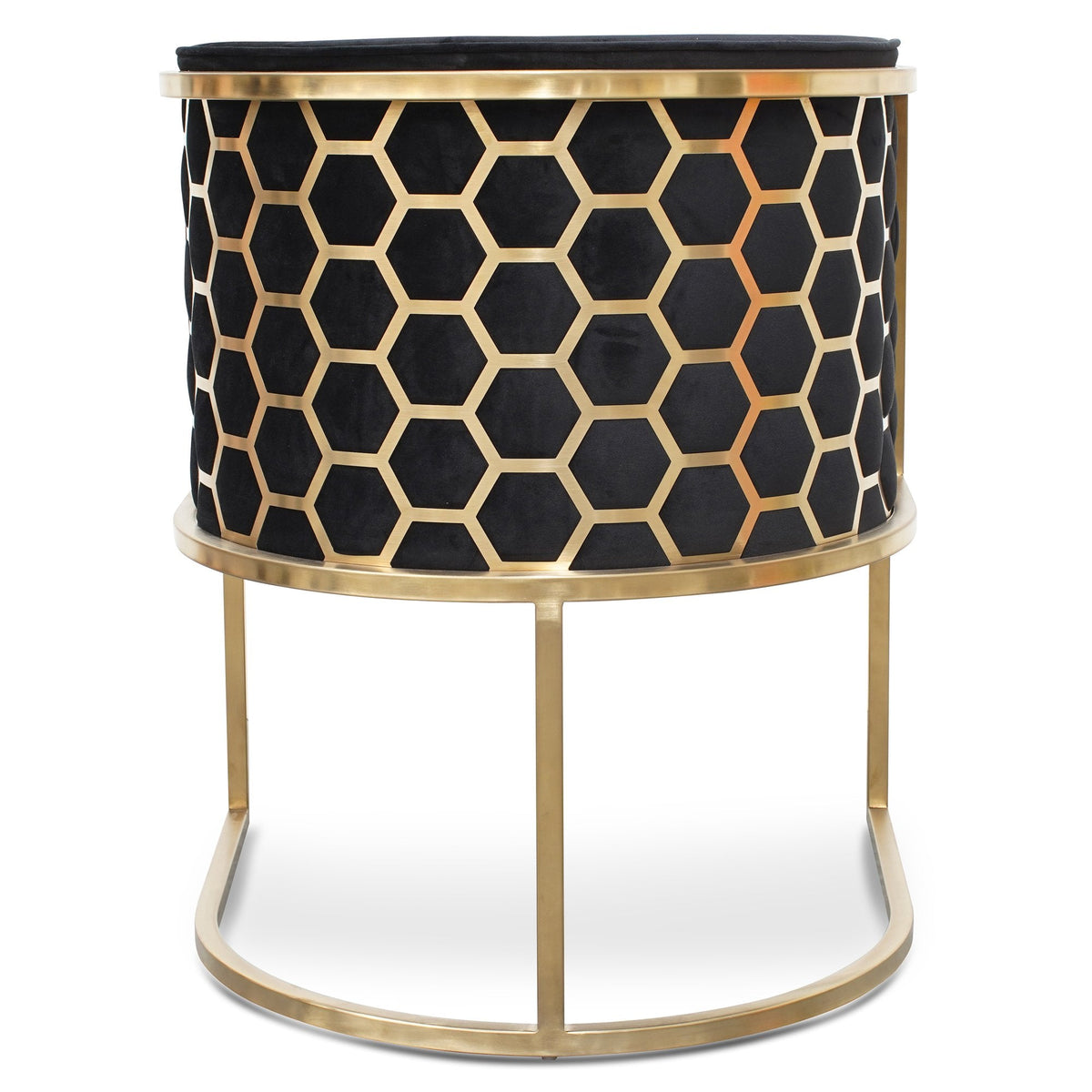 Back view of Kate lounge chair in black velvet with brushed gold armrests and blue steel sofa core – sleek and elegant design for modern interiors
