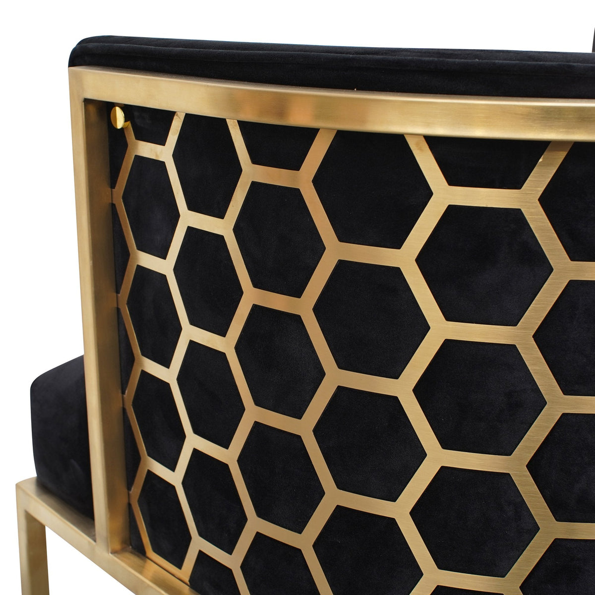 Back detail view of Kate lounge chair in black velvet with brushed gold armrests and blue steel sofa core – showcasing refined stitching, luxurious velvet texture, and sleek modern craftsmanship.