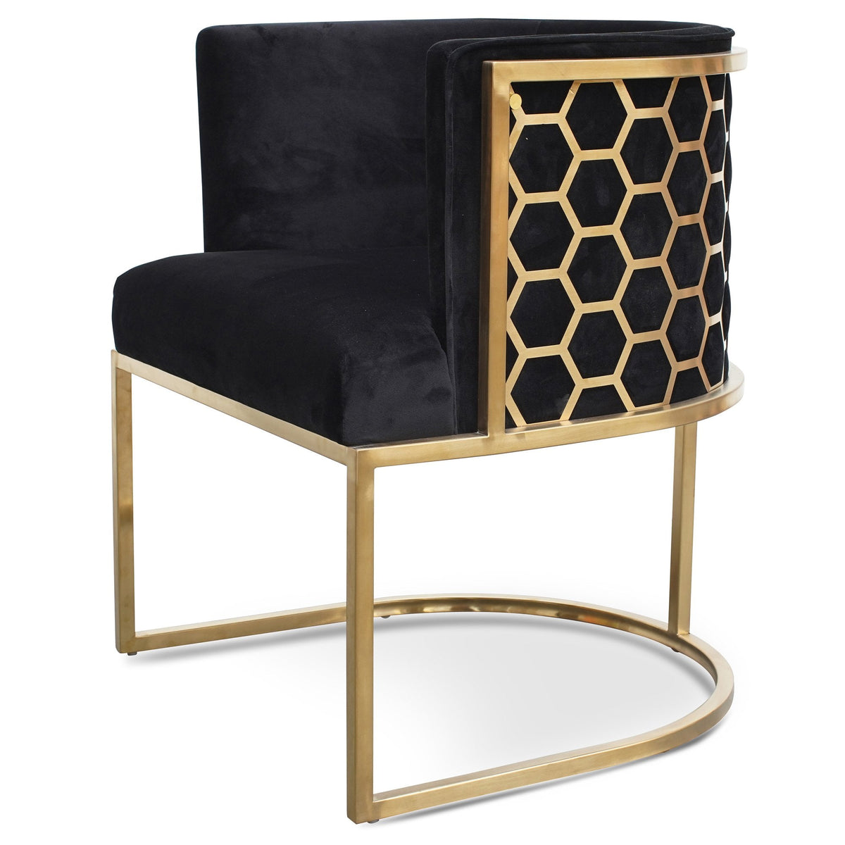 Side view of Kate lounge chair with black velvet seat, brushed gold armrests, and blue steel sofa core – modern and elegant interior design