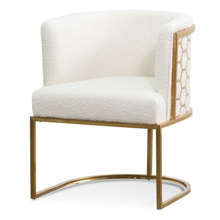 Side view of Kate white velvet lounge chair with black velvet seat, brushed gold armrests, and blue steel sofa core – modern luxury design for elegant interiors