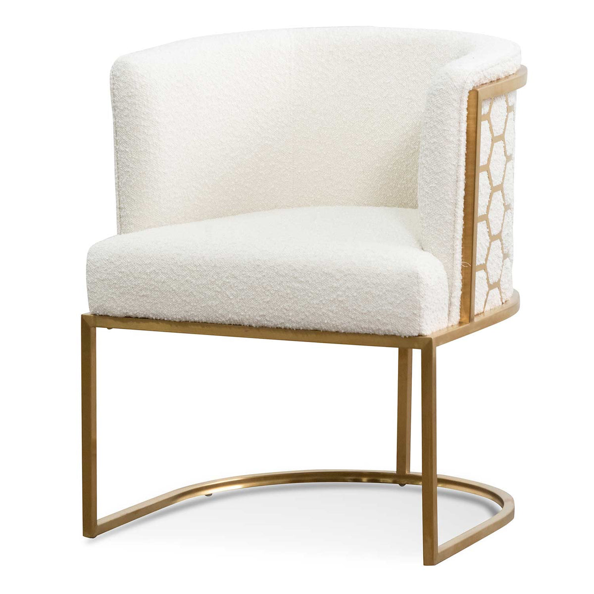 Side view of Kate white velvet lounge chair with black velvet seat, brushed gold armrests, and blue steel sofa core – modern luxury design for elegant interiors