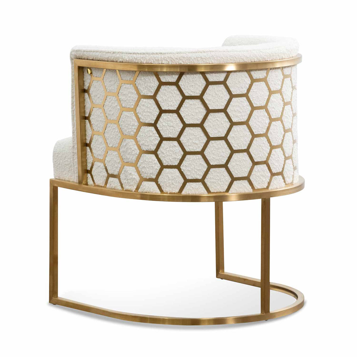 Side back view of Kate white velvet lounge chair with black velvet seat, brushed gold armrests, and blue steel sofa core – elegant and modern design with luxurious detailing