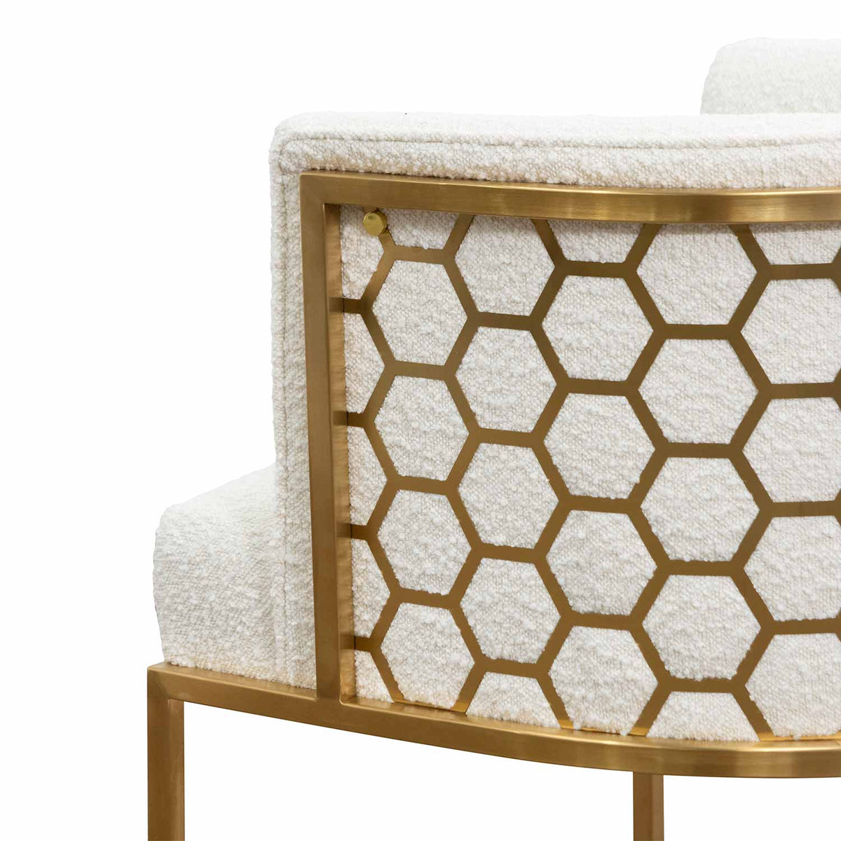 Side view of Kate white velvet lounge chair with black velvet seat, brushed gold armrests, and blue steel sofa core – modern luxury with refined elegance
