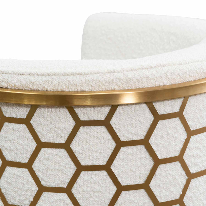 Backrest detail view of Kate white velvet lounge chair with black velvet seat, brushed gold armrests, and blue steel sofa core – showcasing elegant stitching and premium materials