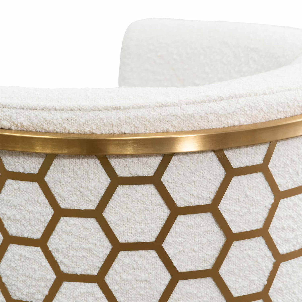 Backrest detail view of Kate white velvet lounge chair with black velvet seat, brushed gold armrests, and blue steel sofa core – showcasing elegant stitching and premium materials