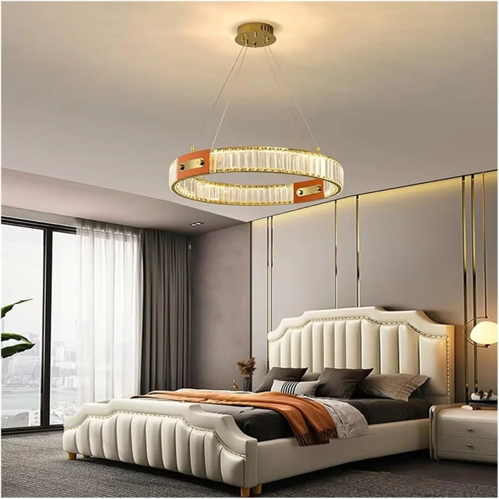 Kian Crystal 1-Ring Chandelier – Bedroom View Showcasing Modern Circular Design and Elegant Ambient Crystal Lighting