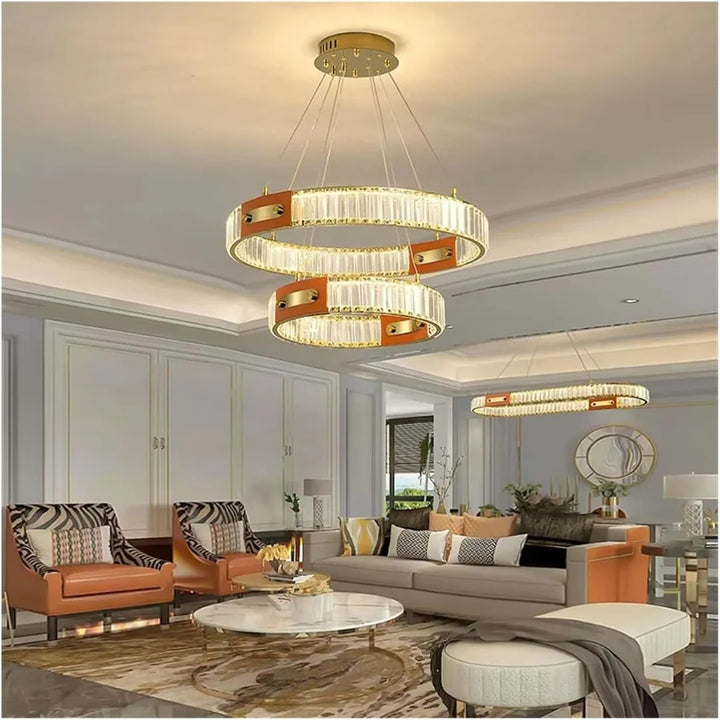 Kian Crystal 2-Ring Chandelier – Living Room View Showcasing Modern Dual-Ring Design and Elegant Crystal Illumination