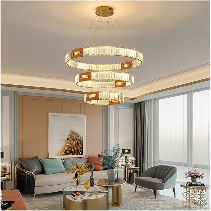 Kian crystal pendant light modern chandelier installed in living room, featuring sleek design and sparkling crystals