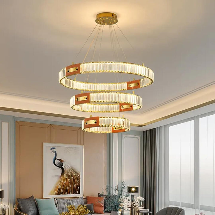 Kian crystal pendant light modern chandelier installed in living room, featuring sleek design and sparkling crystals