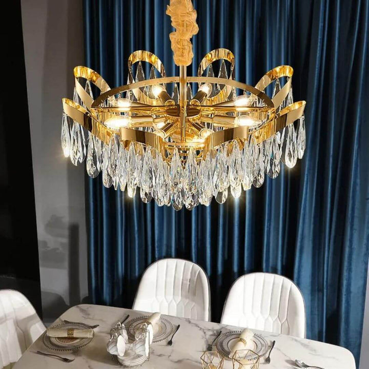Top View of Lantern Crystal Chandelier Light Above Dining Area – Elegant Modern Lighting Fixture