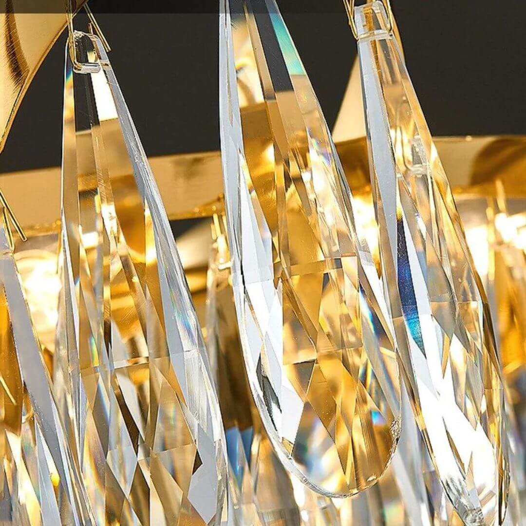 Close-Up Detail of Crystals on Lantern Crystal Chandelier Light – Elegant Modern Lighting Fixture