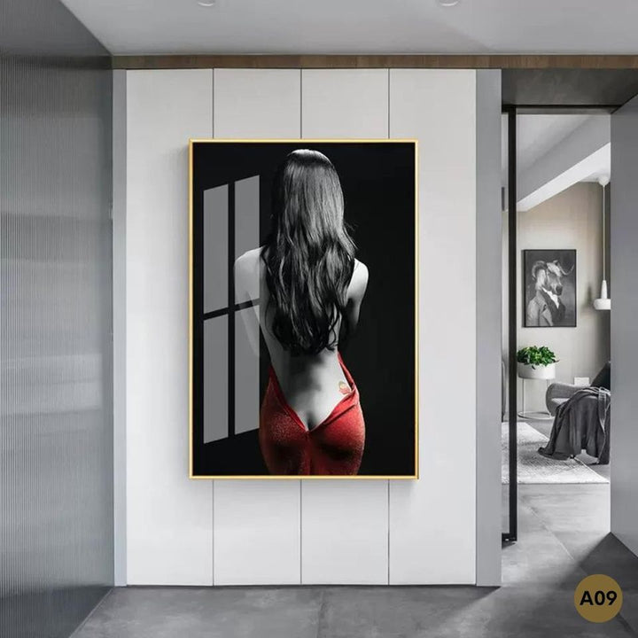 Large contemporary artwork of a lady in red for dramatic interior accents