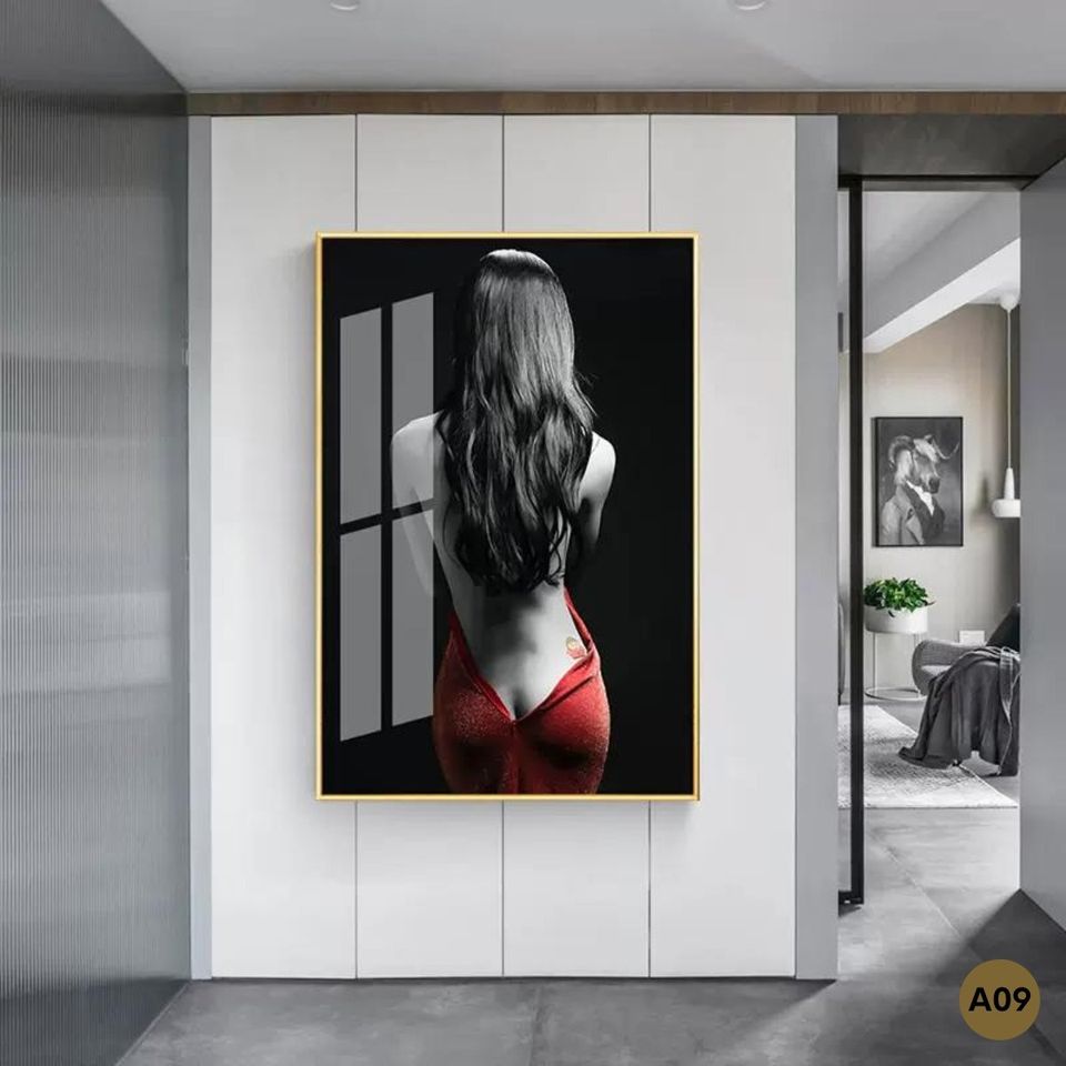 Large contemporary artwork of a lady in red for dramatic interior accents
