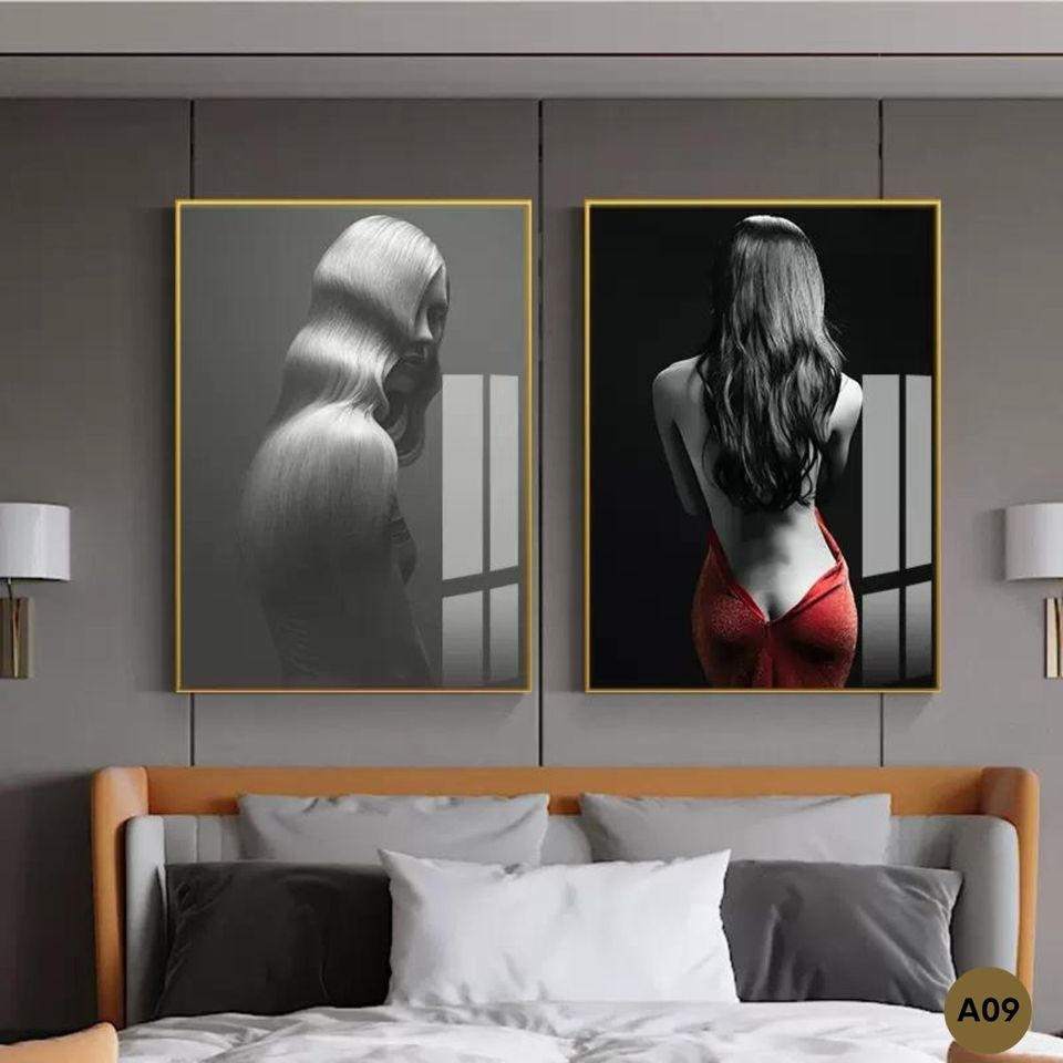 Bold and stylish wall painting of woman in red dress for upscale interiors