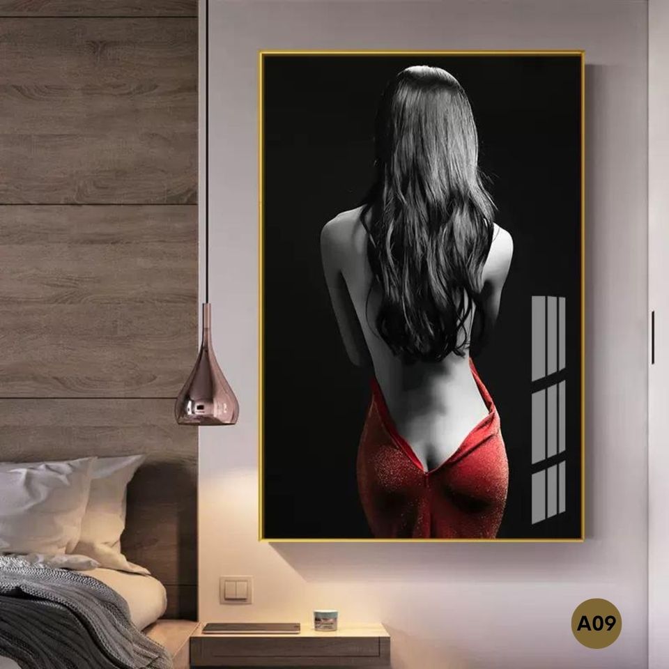 Large wall painting of elegant lady in red dress for bold interior decor