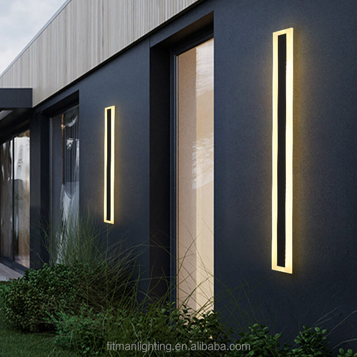Linear GlowEdge modern outdoor wall light in black with IP65 rating – angled view showcasing sleek, durable design for exterior lighting.
