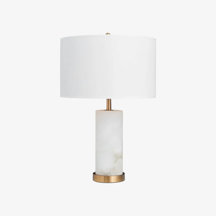 Side view of Lineham table lamp with alabaster base and large linen drum shade, modern lighting