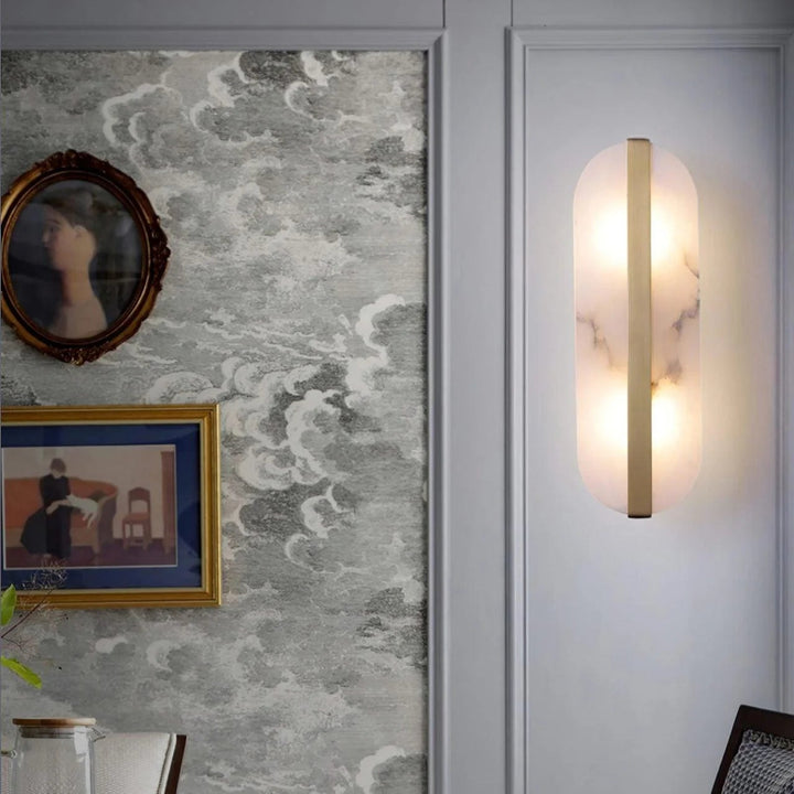 Elegant living room view with long ellipse alabaster wall sconce lighting