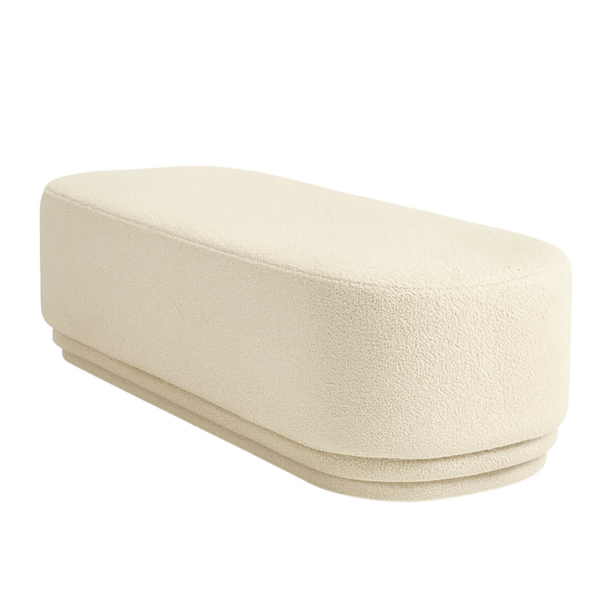 Front view of Luma Cloud bench with white boucle upholstery – sleek, modern accent furniture.