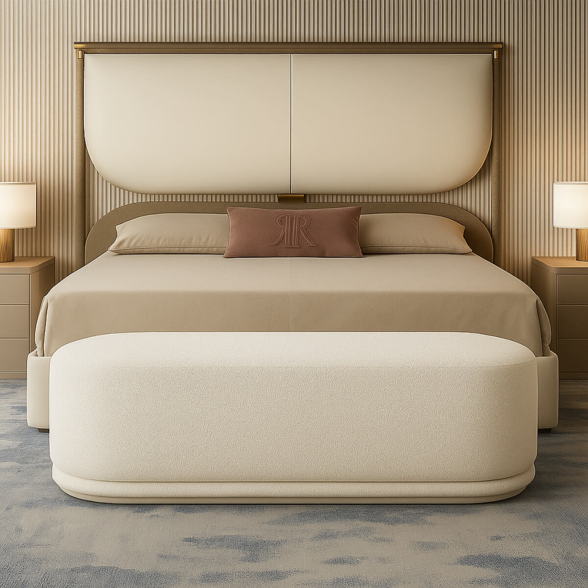 Luma Cloud bench featuring white boucle upholstery – front view showcasing elegant and modern design.