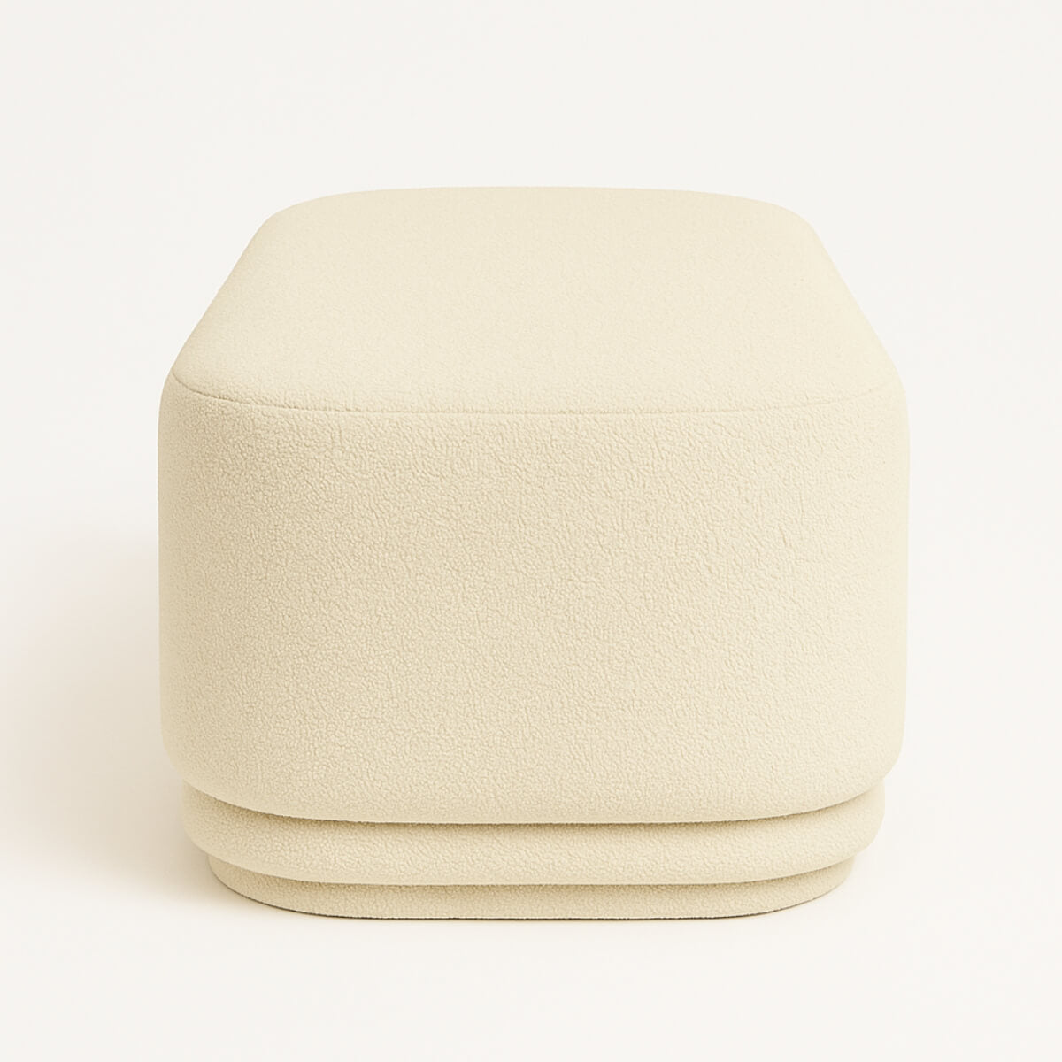 Luma Cloud bench in soft white boucle – front view highlighting its modern, curved silhouette.