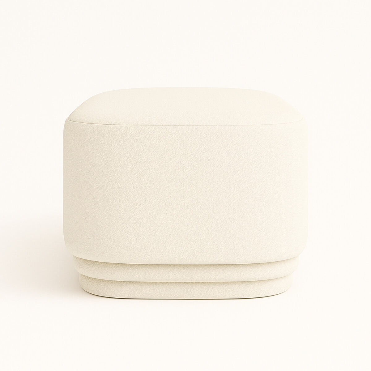 Front view of Luma Cloud bench upholstered in white boucle – minimalist and modern seating.