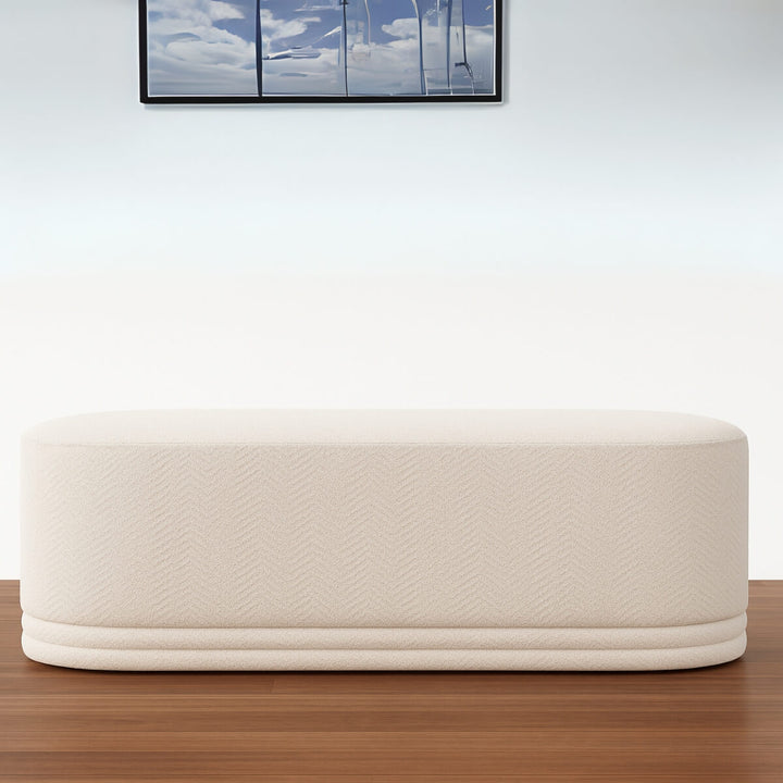 Luma Cloud bench in white boucle fabric – front view showcasing modern curved design.