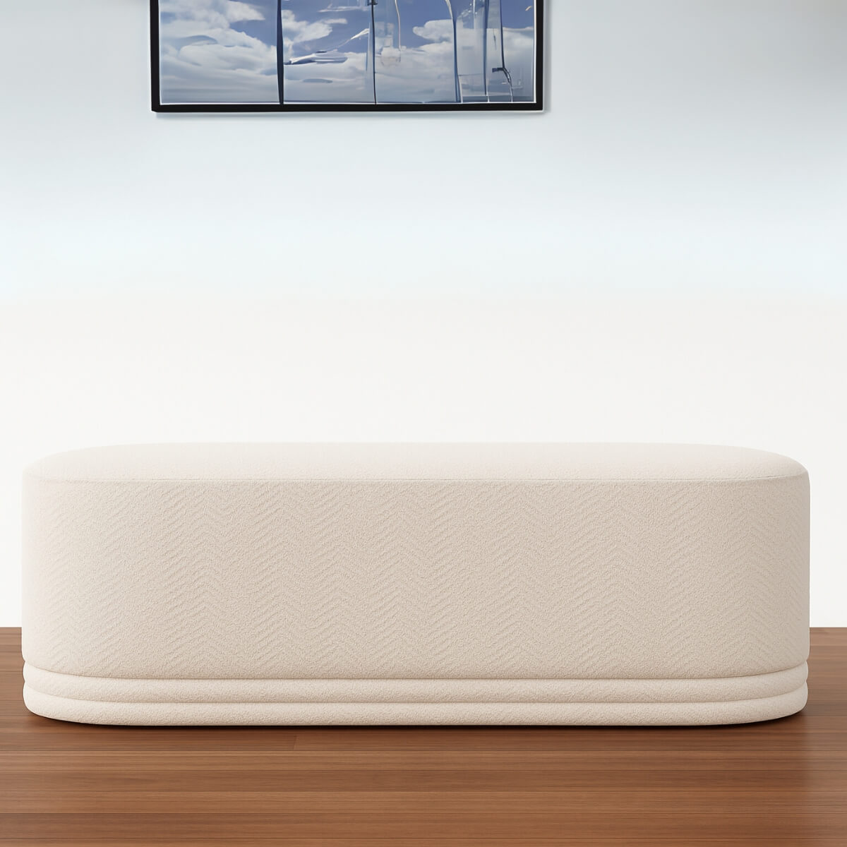 Luma Cloud bench in white boucle fabric – front view showcasing modern curved design.
