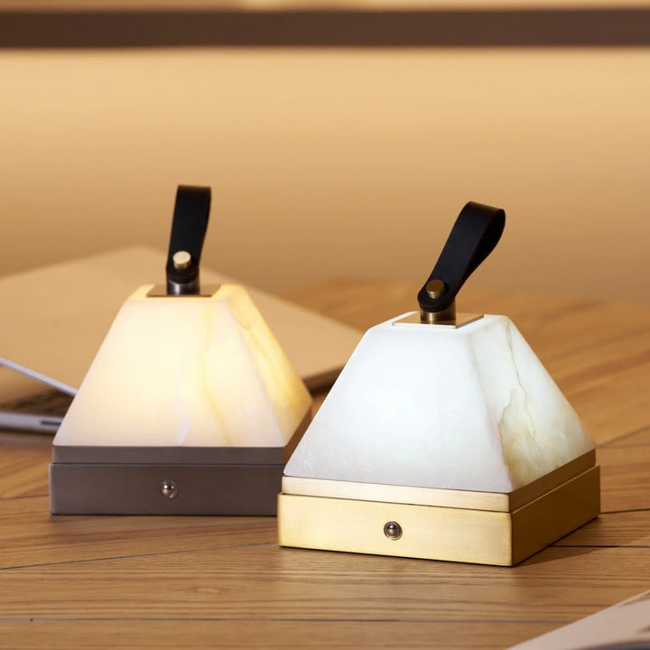 Luma cube portable lamp two side view showing modern cube design and warm glow, rechargeable light