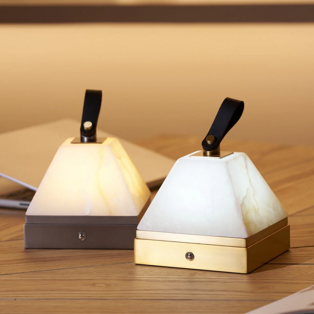 Luma cube portable lamp two side view showing modern cube design and warm glow, rechargeable light